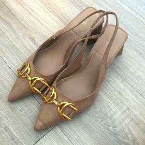 Zara Tan Suede Pointed Slingback Heels with Gold Buckle
